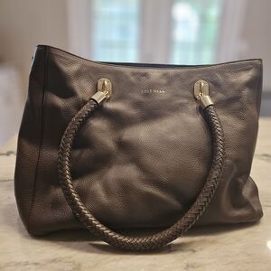 Cole Haan Brown Leather Satchel Bag Braided Handles